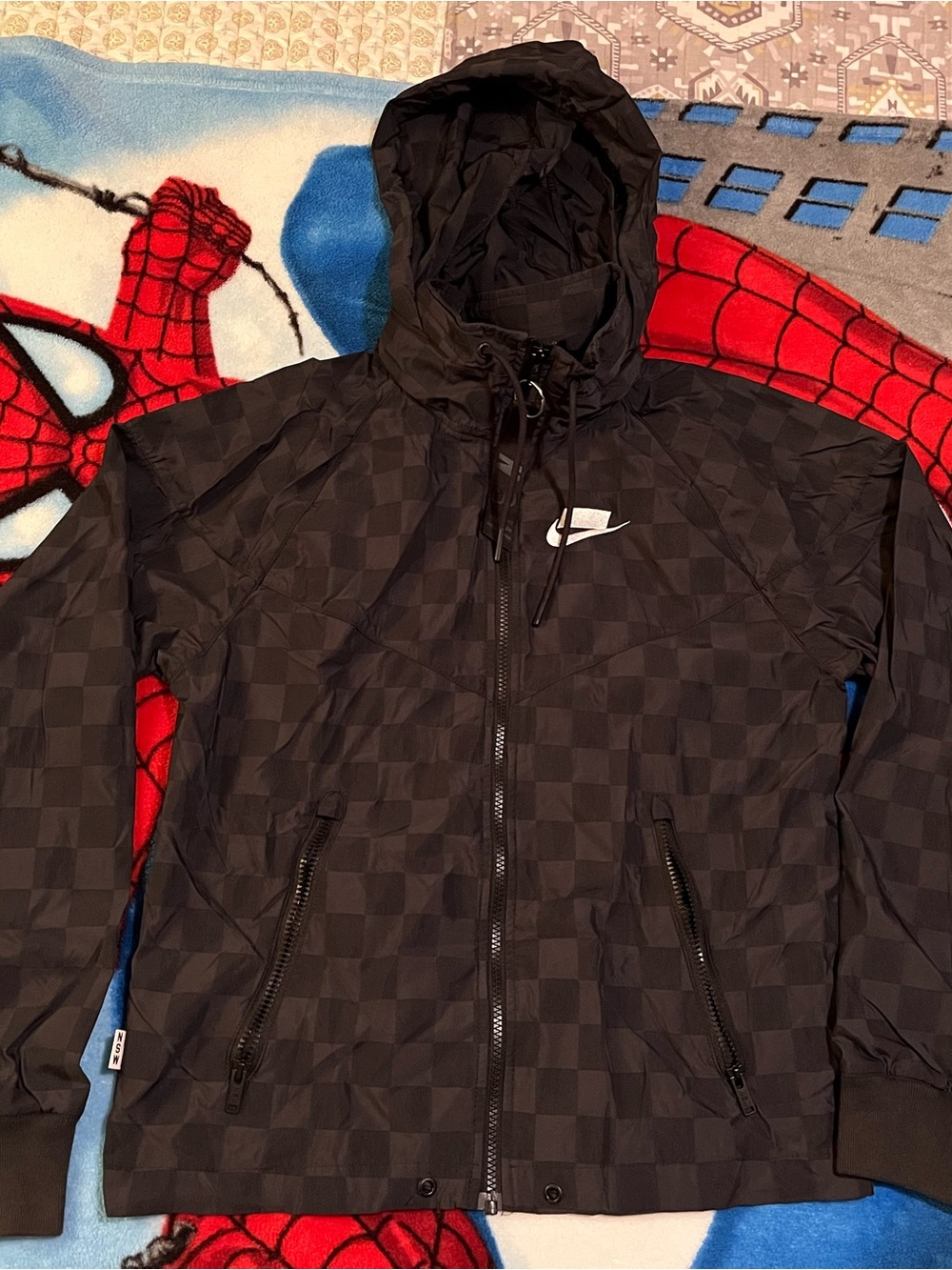 Nike Black Checkered Hooded Windbreaker Jacket men’s size XS